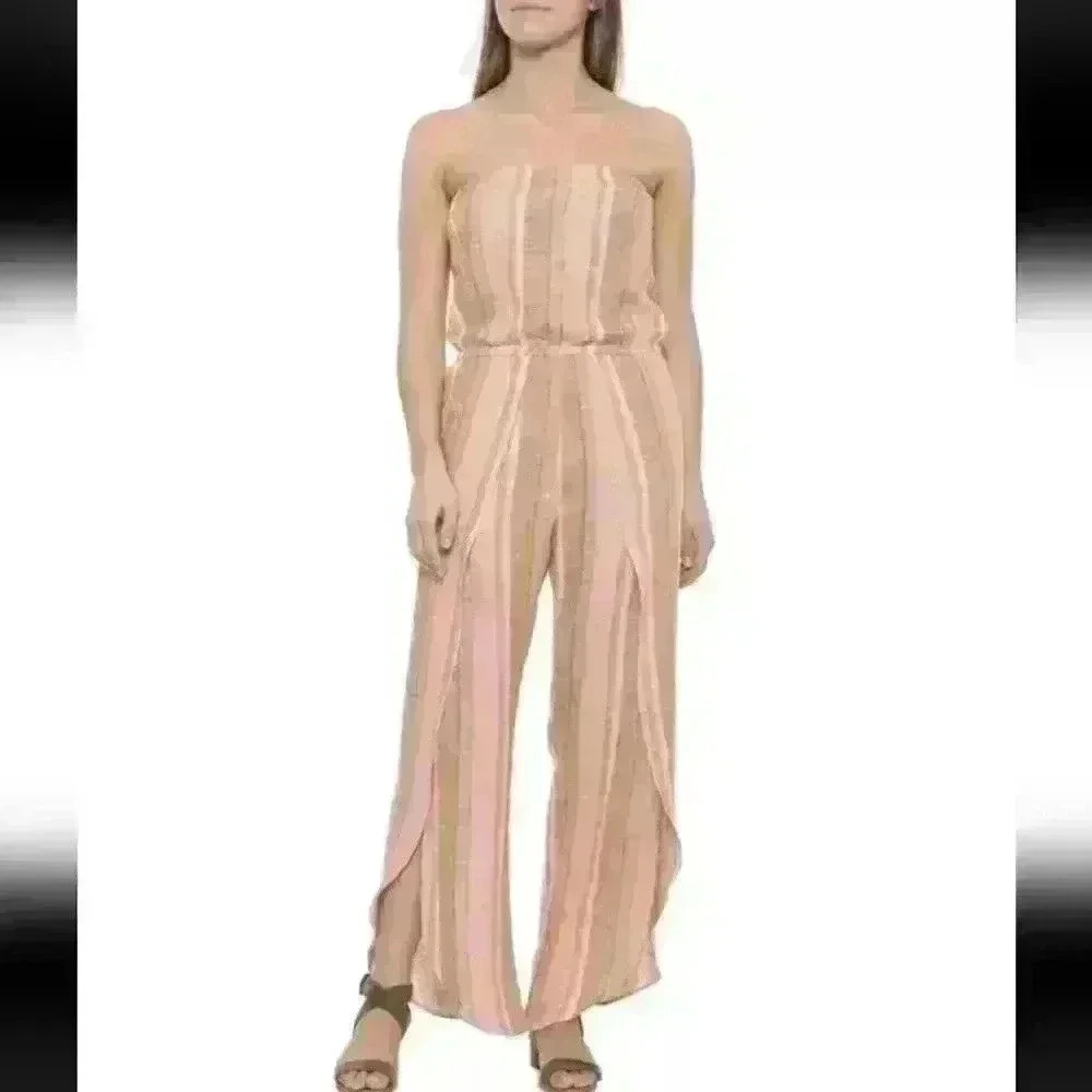 DREW Wide Split Leg Strapless Striped Linen Blend Romper